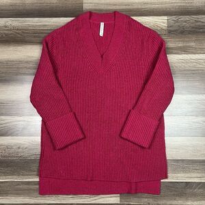 Athleta Shasta Oversize V-Neck Wool Blend Sweater Dark Pink Fuchsia Sz Medium